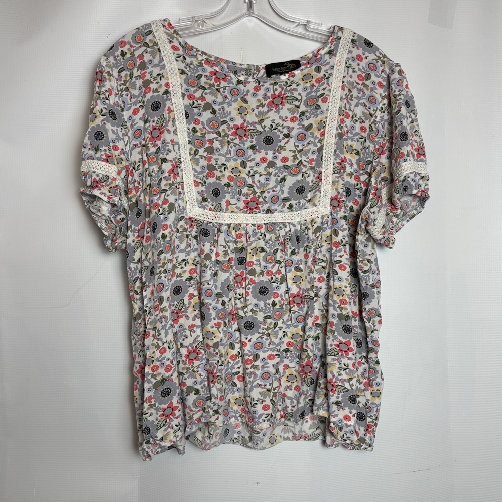 Suzanne Betro‎ Floral Square Neck Boho Top Crochet Lace Trim Gray Pink Plus 2XL